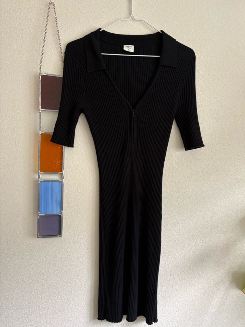 Black Ribbed Knit Collared Dress